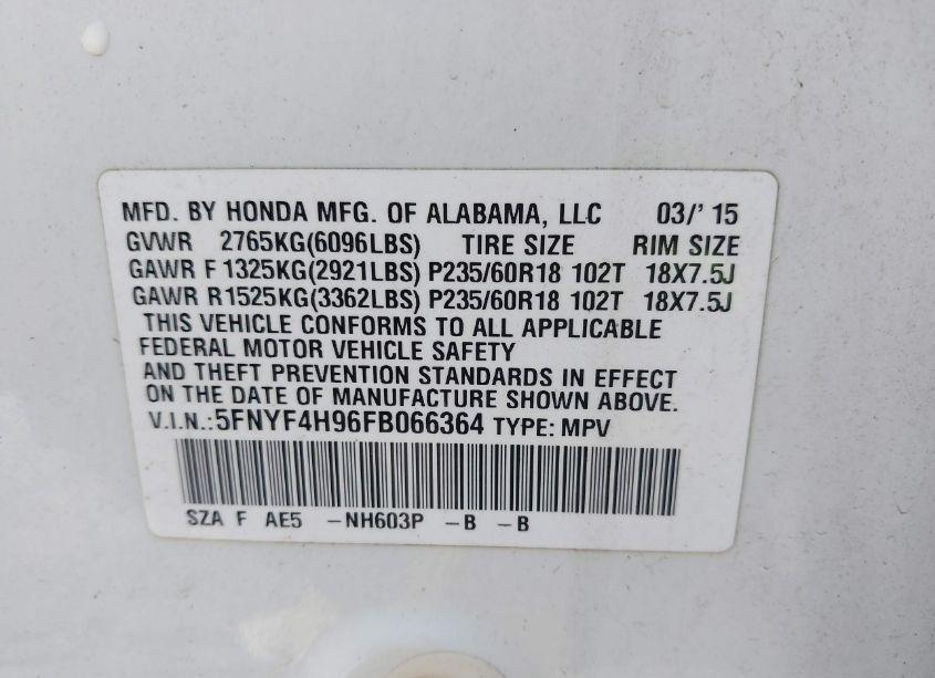 Photo 9 of 2015 Honda Pilot TOURING (VIN 5FNYF4H96FB066364)