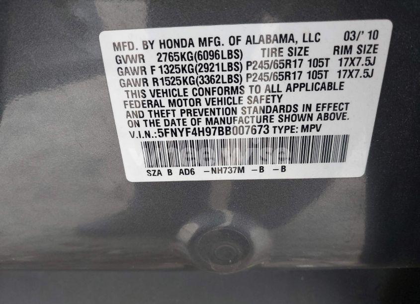 Photo 9 of 2011 Honda Pilot TOURING (VIN 5FNYF4H97BB007673)