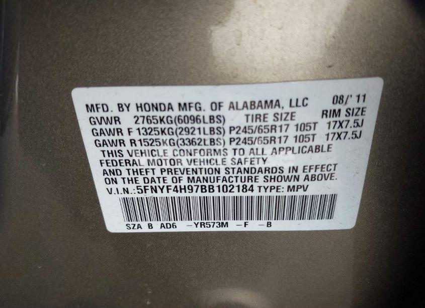 Photo 9 of 2011 Honda Pilot TOURING (VIN 5FNYF4H97BB102184)