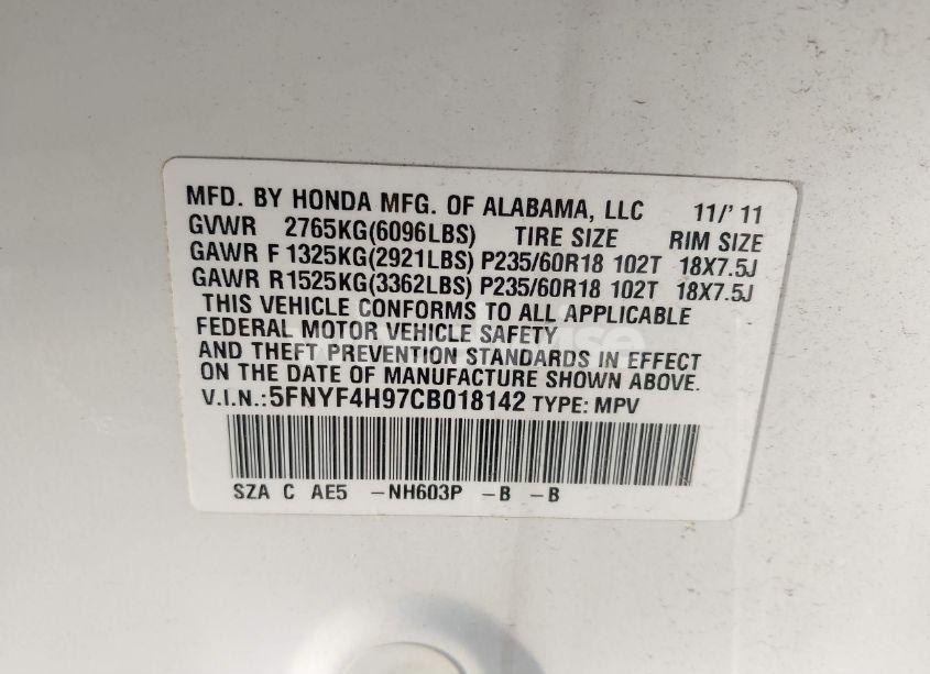 Photo 9 of 2012 Honda Pilot TOURING (VIN 5FNYF4H97CB018142)