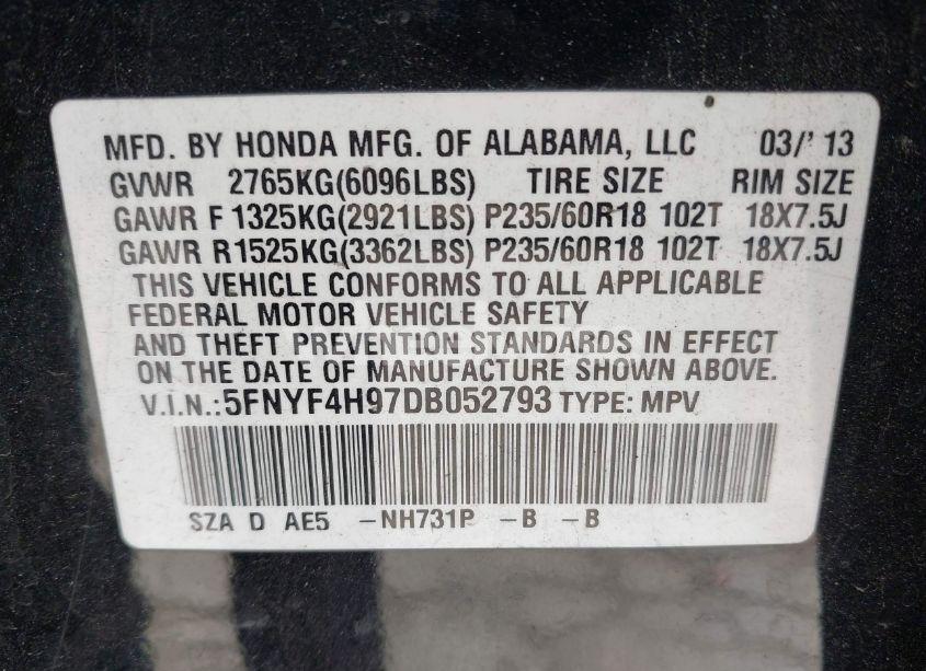 Photo 9 of 2013 Honda Pilot TOURING (VIN 5FNYF4H97DB052793)