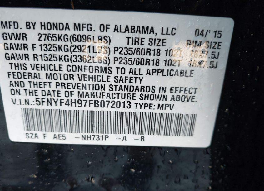 Photo 9 of 2015 Honda Pilot TOURING (VIN 5FNYF4H97FB072013)