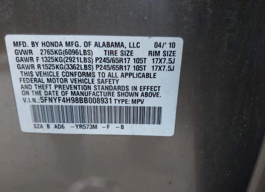 Photo 9 of 2011 Honda Pilot TOURING (VIN 5FNYF4H98BB008931)