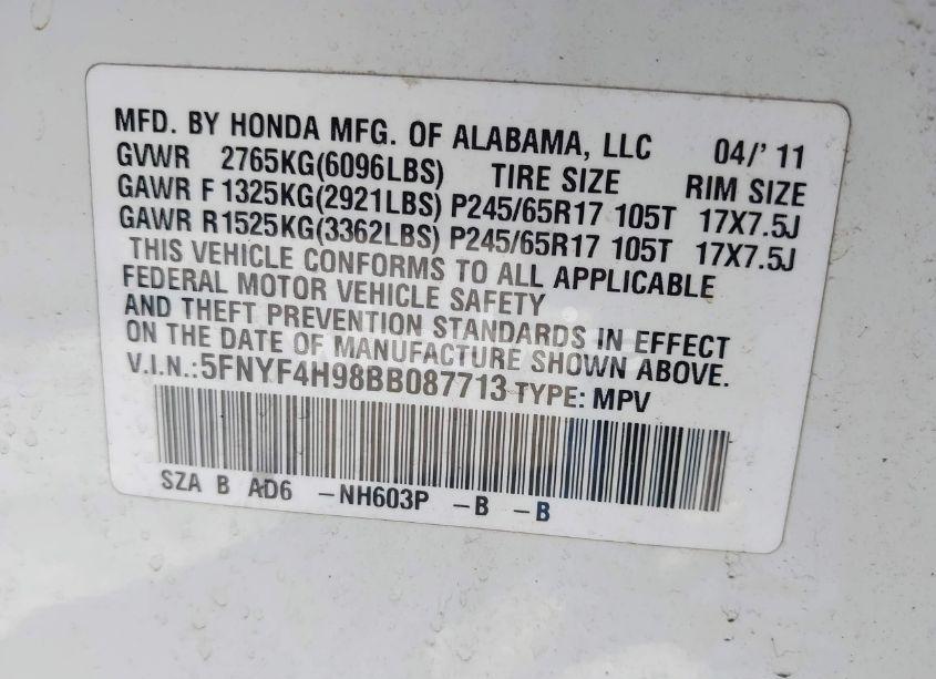 Photo 9 of 2011 Honda Pilot TOURING (VIN 5FNYF4H98BB087713)