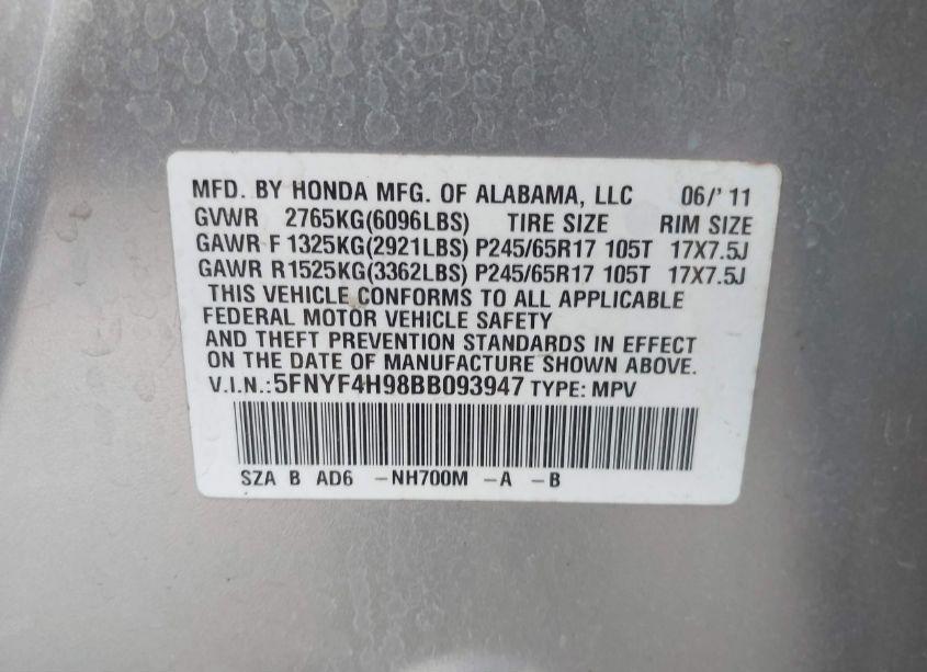 Photo 9 of 2011 Honda Pilot TOURING (VIN 5FNYF4H98BB093947)