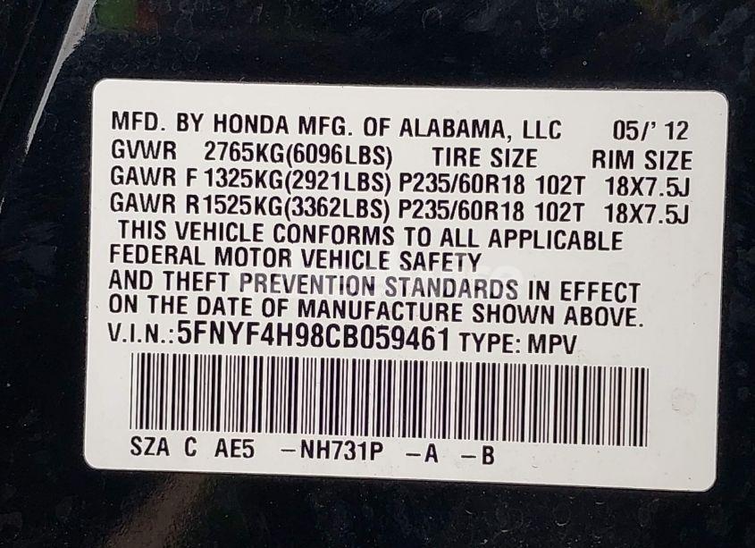 Photo 9 of 2012 Honda Pilot TOURING (VIN 5FNYF4H98CB059461)