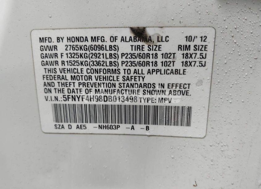 Photo 9 of 2013 Honda Pilot TOURING (VIN 5FNYF4H98DB013498)