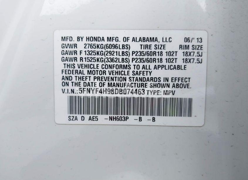 Photo 9 of 2013 Honda Pilot TOURING (VIN 5FNYF4H98DB074463)