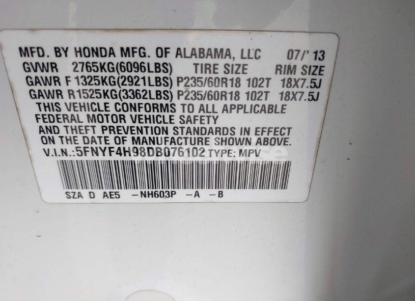 Photo 9 of 2013 Honda Pilot TOURING (VIN 5FNYF4H98DB076102)