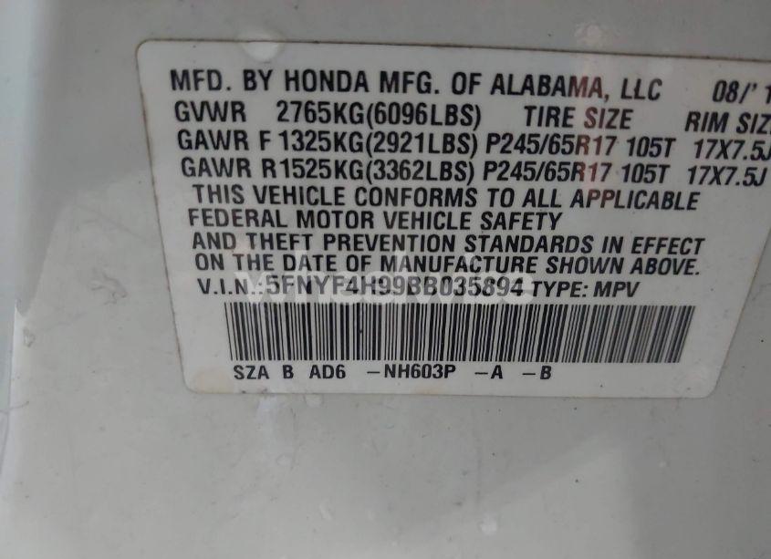 Photo 9 of 2011 Honda Pilot TOURING (VIN 5FNYF4H99BB035894)