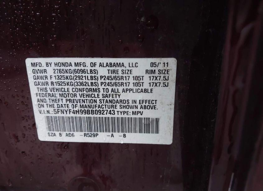 Photo 9 of 2011 Honda Pilot TOURING (VIN 5FNYF4H99BB092743)