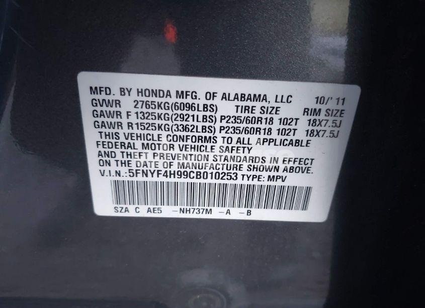 Photo 9 of 2012 Honda Pilot TOURING (VIN 5FNYF4H99CB010253)