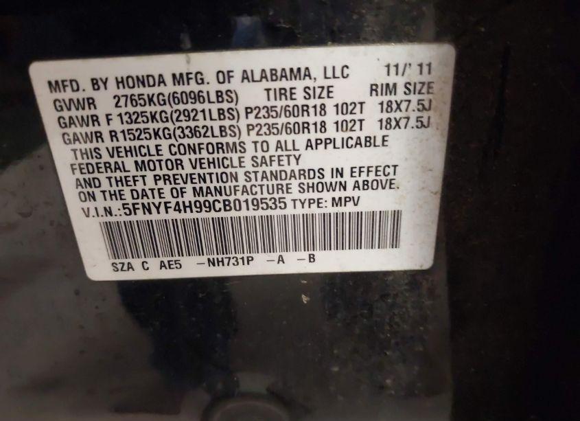 Photo 9 of 2012 Honda Pilot TOURING (VIN 5FNYF4H99CB019535)