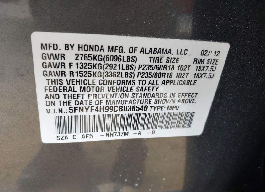 Photo 9 of 2012 Honda Pilot TOURING (VIN 5FNYF4H99CB038540)