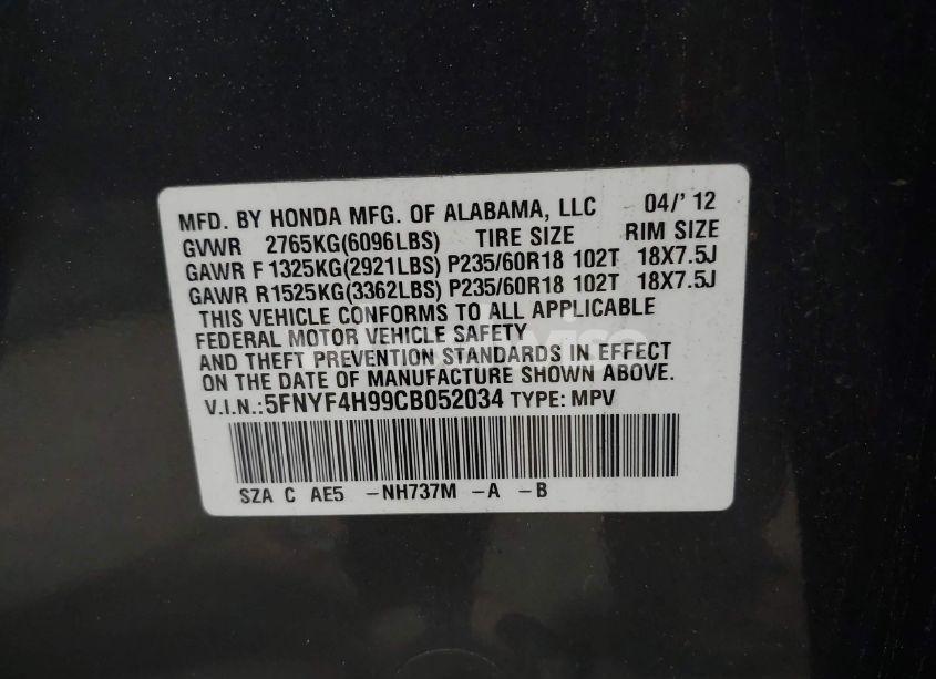 Photo 9 of 2012 Honda Pilot TOURING (VIN 5FNYF4H99CB052034)