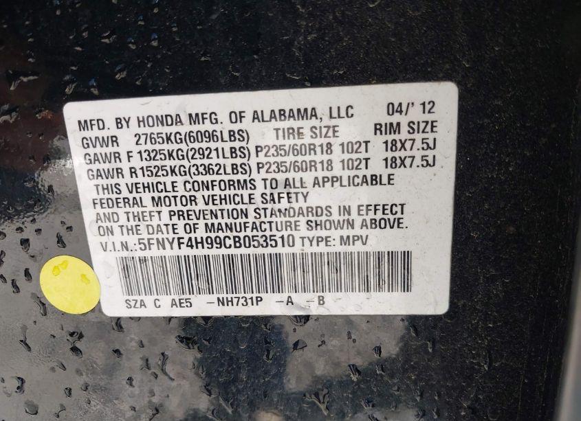 Photo 9 of 2012 Honda Pilot TOURING (VIN 5FNYF4H99CB053510)