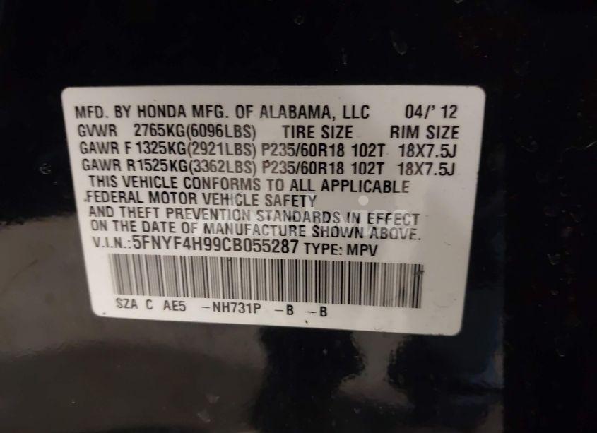 Photo 9 of 2012 Honda Pilot TOURING (VIN 5FNYF4H99CB055287)