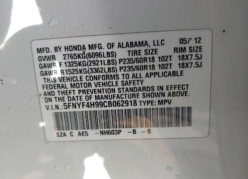 Photo 9 of 2012 Honda Pilot TOURING (VIN 5FNYF4H99CB062918)