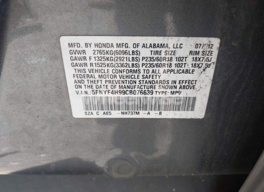 Photo 9 of 2012 Honda Pilot TOURING (VIN 5FNYF4H99CB076639)