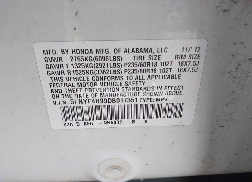 Photo 9 of 2013 Honda Pilot TOURING (VIN 5FNYF4H99DB017351)