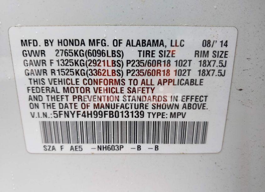 Photo 9 of 2015 Honda Pilot TOURING (VIN 5FNYF4H99FB013139)