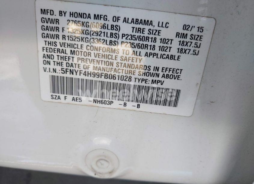 Photo 9 of 2015 Honda Pilot TOURING (VIN 5FNYF4H99FB061028)