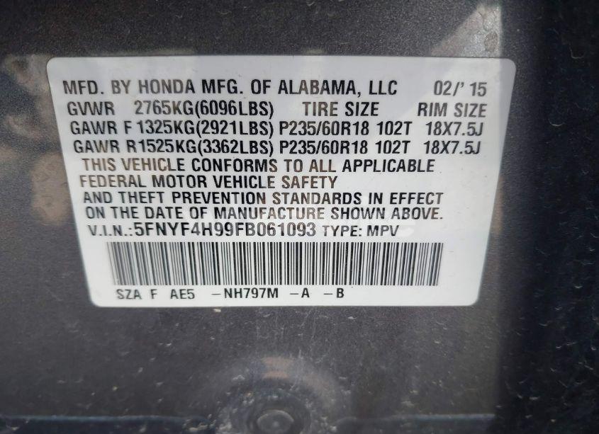 Photo 9 of 2015 Honda Pilot TOURING (VIN 5FNYF4H99FB061093)