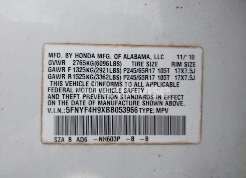 Photo 9 of 2011 Honda Pilot TOURING (VIN 5FNYF4H9XBB053966)