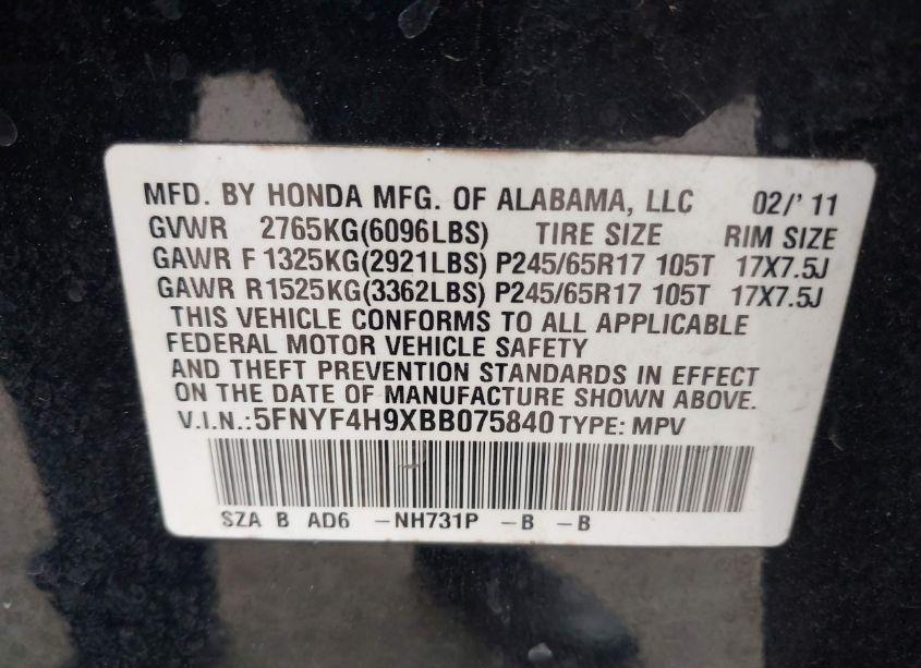 Photo 9 of 2011 Honda Pilot TOURING (VIN 5FNYF4H9XBB075840)