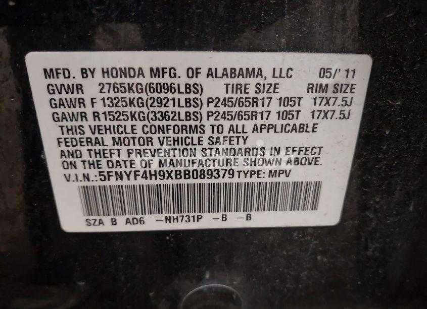 Photo 9 of 2011 Honda Pilot TOURING (VIN 5FNYF4H9XBB089379)