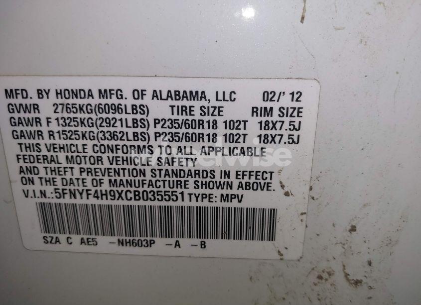 Photo 9 of 2012 Honda Pilot TOURING (VIN 5FNYF4H9XCB035551)