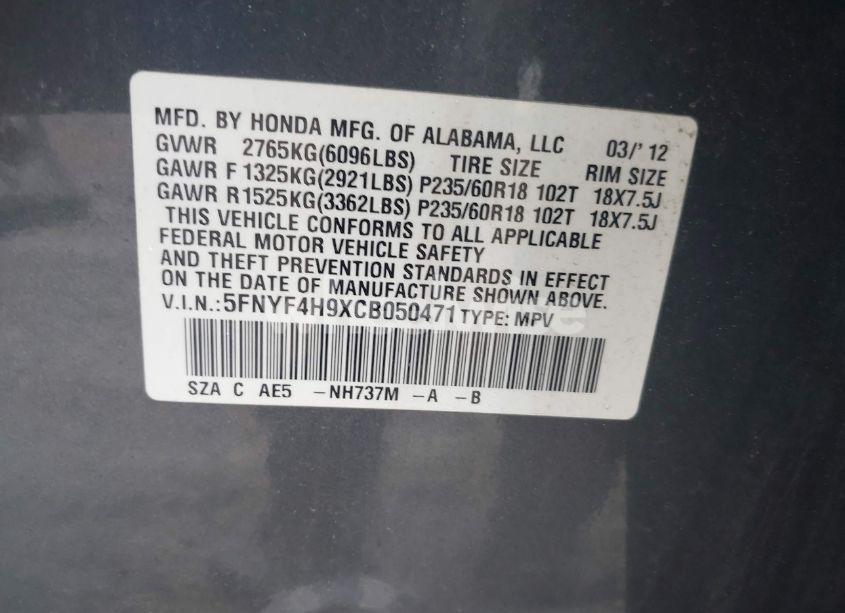 Photo 9 of 2012 Honda Pilot TOURING (VIN 5FNYF4H9XCB050471)