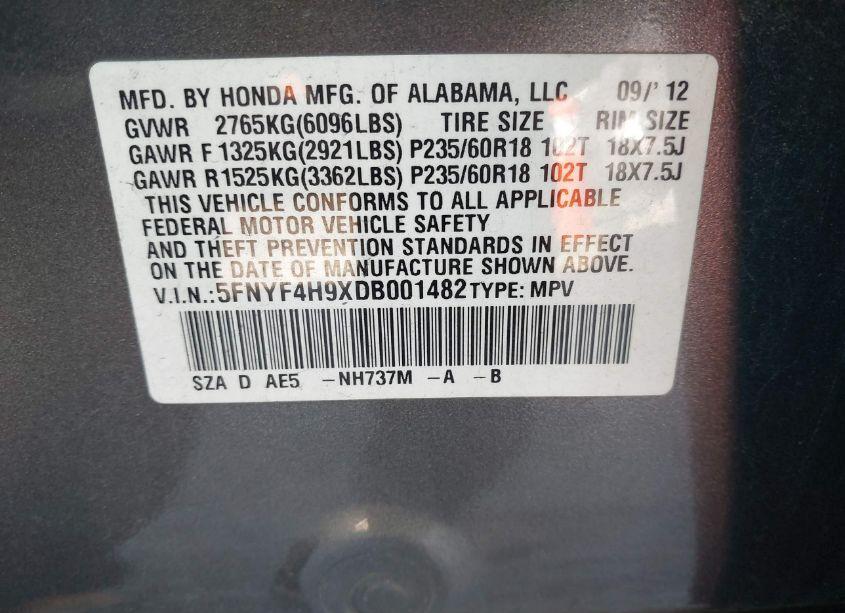 Photo 9 of 2013 Honda Pilot TOURING (VIN 5FNYF4H9XDB001482)