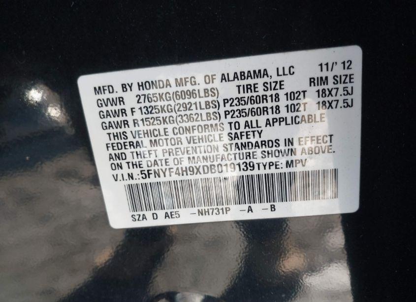 Photo 9 of 2013 Honda Pilot TOURING (VIN 5FNYF4H9XDB019139)