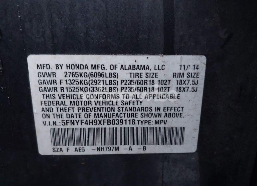 Photo 9 of 2015 Honda Pilot TOURING (VIN 5FNYF4H9XFB039118)