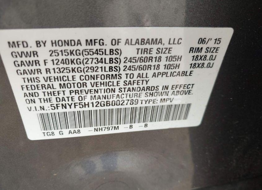 Photo 9 of 2016 Honda Pilot LX (VIN 5FNYF5H12GB002789)