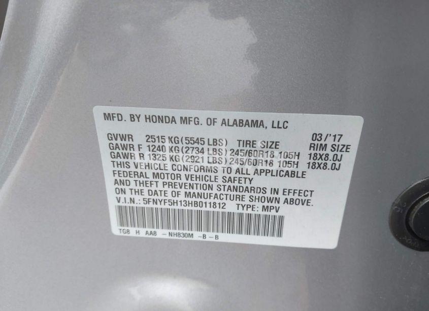 Photo 9 of 2017 Honda Pilot LX (VIN 5FNYF5H13HB011812)