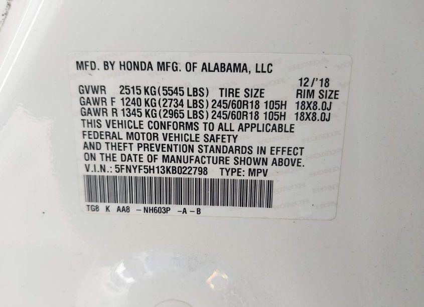 Photo 9 of 2019 Honda Pilot LX (VIN 5FNYF5H13KB022798)