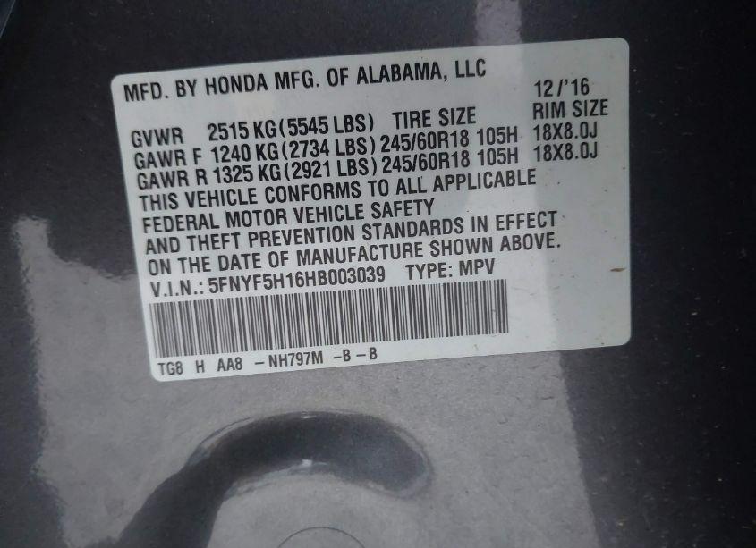 Photo 9 of 2017 Honda Pilot LX (VIN 5FNYF5H16HB003039)