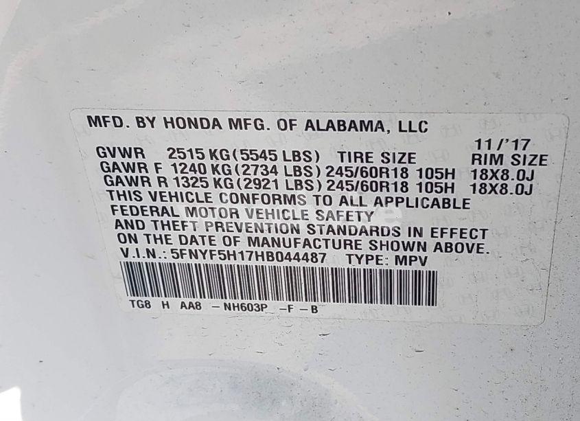 Photo 9 of 2017 Honda Pilot LX (VIN 5FNYF5H17HB044487)