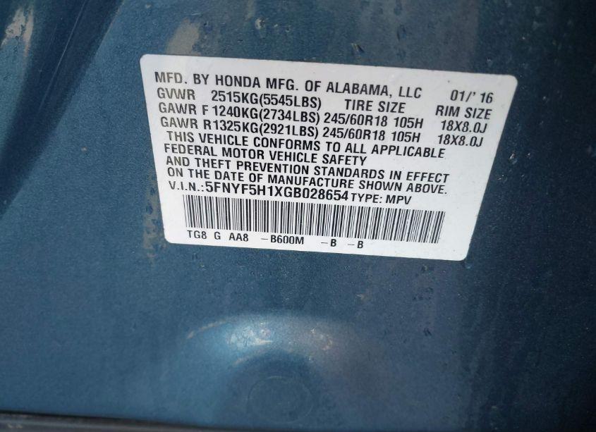 Photo 9 of 2016 Honda Pilot LX (VIN 5FNYF5H1XGB028654)