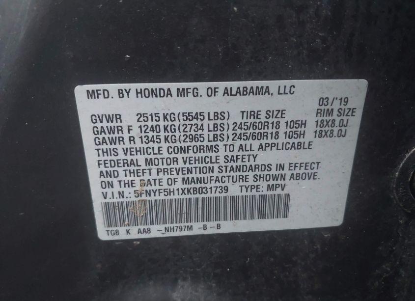 Photo 9 of 2019 Honda Pilot LX (VIN 5FNYF5H1XKB031739)