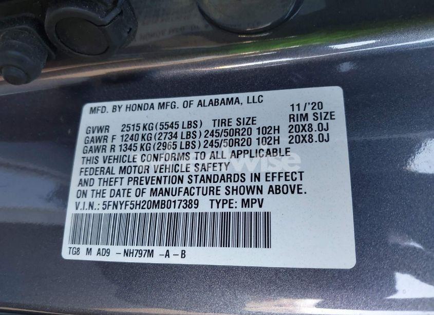 Photo 9 of 2021 Honda Pilot 2WD SPECIAL EDITION (VIN 5FNYF5H20MB017389)