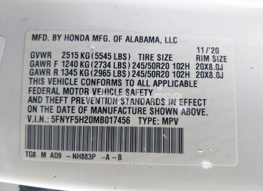 Photo 9 of 2021 Honda Pilot 2WD SPECIAL EDITION (VIN 5FNYF5H20MB017456)