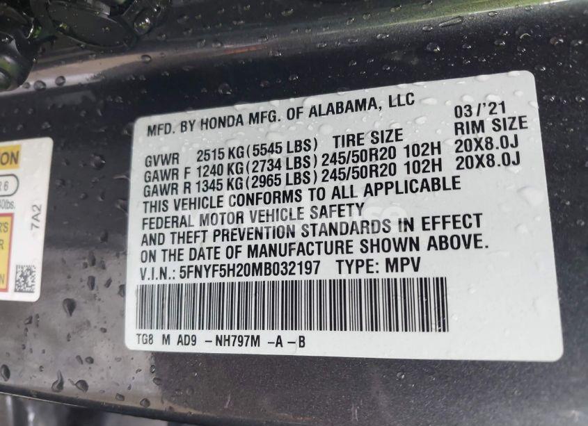 Photo 9 of 2021 Honda Pilot 2WD SPECIAL EDITION (VIN 5FNYF5H20MB032197)