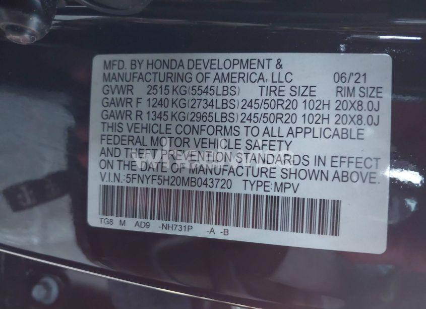 Photo 9 of 2021 Honda Pilot 2WD SPECIAL EDITION (VIN 5FNYF5H20MB043720)
