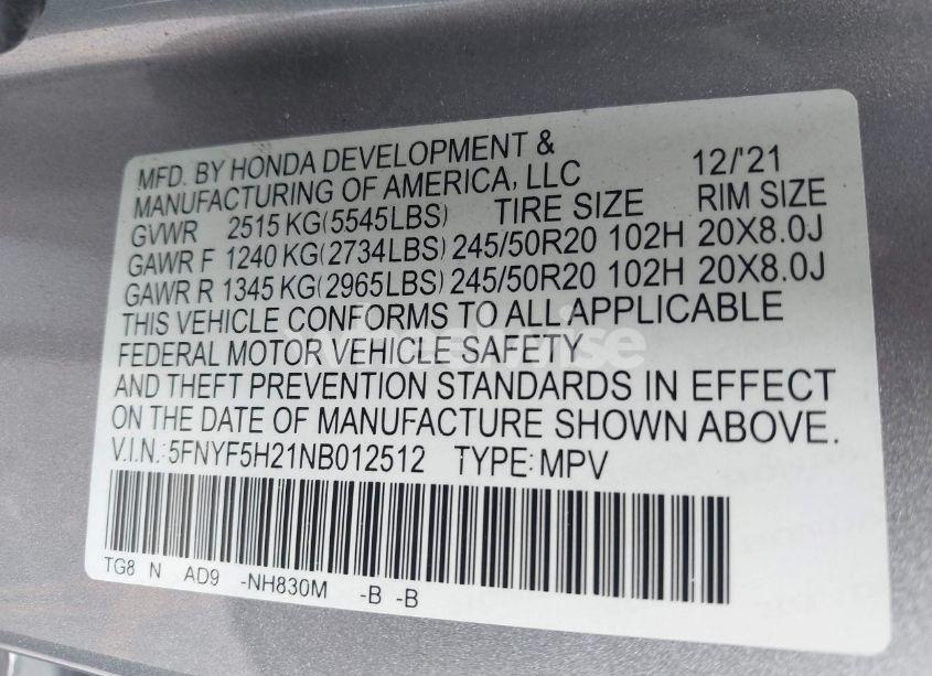 Photo 9 of 2022 Honda Pilot 2WD SPECIAL EDITION (VIN 5FNYF5H21NB012512)