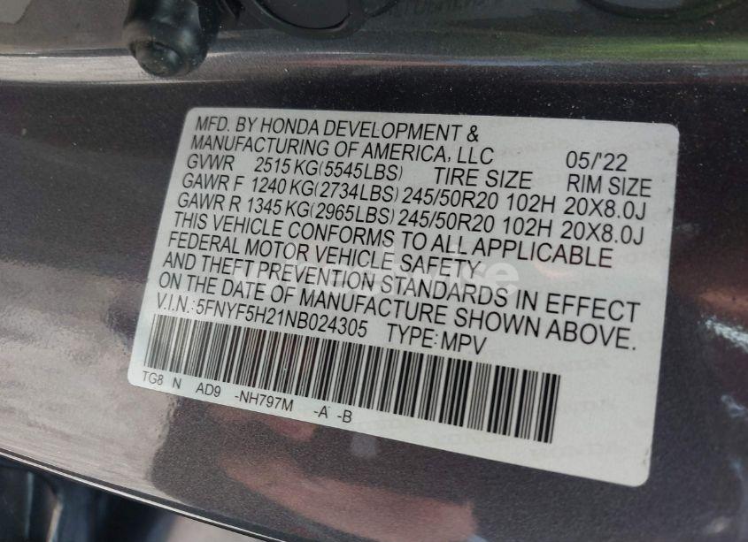 Photo 9 of 2022 Honda Pilot 2WD SPECIAL EDITION (VIN 5FNYF5H21NB024305)