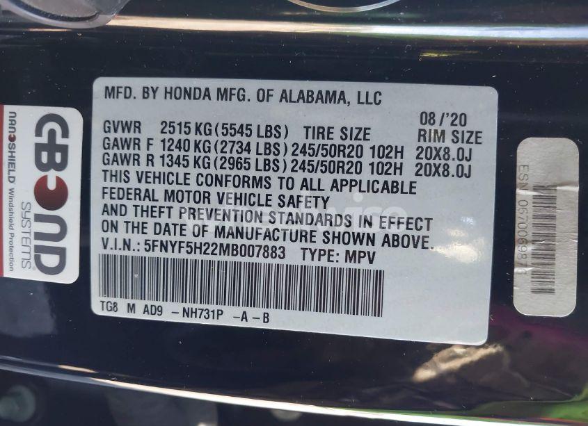 Photo 9 of 2021 Honda Pilot 2WD SPECIAL EDITION (VIN 5FNYF5H22MB007883)