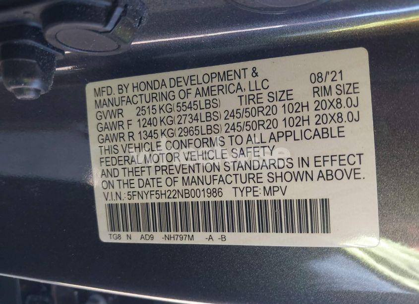Photo 9 of 2022 Honda Pilot 2WD SPECIAL EDITION (VIN 5FNYF5H22NB001986)